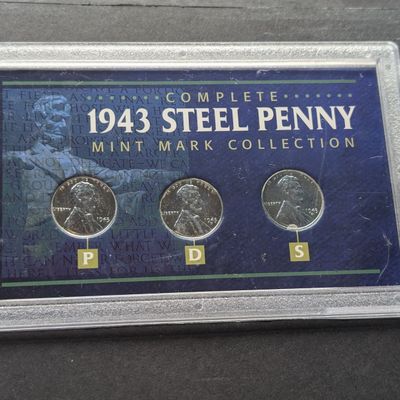 Sale Photo Thumbnail #209: 1943 P, D, & S Lincoln Steel Wheat Cent Mint Mark Collection in Display w/ COA