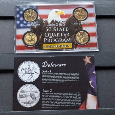 Sale Photo Thumbnail #115: Gold (LAYERED) P&D Mint 1999 Delaware Statehood & 2015 Bombay Hook ATB Park Quarter 4-Coin Collection in Protective Plastic Case w/ COA