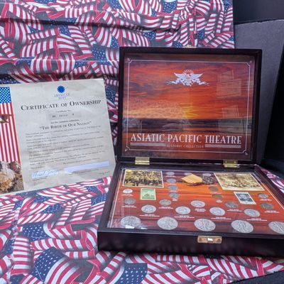 Sale Photo Thumbnail #310: Limited Edition Asiatic-Pacific Theatre of WWII Coin, Commem Stamp & Military Medal Collection in Wooden Display Box w/ COA - Includes (15) 90% Silver Coins & (4) 35% Silver Coins
