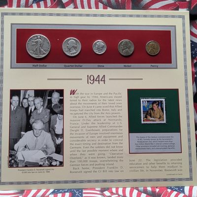 Sale Photo Thumbnail #425: 1944 Year U.S. Coin Set in Info Display w/ Commem Stamp - Includes (3) 90% Silver Coins & (1) 35% Silver Jefferson Nickel