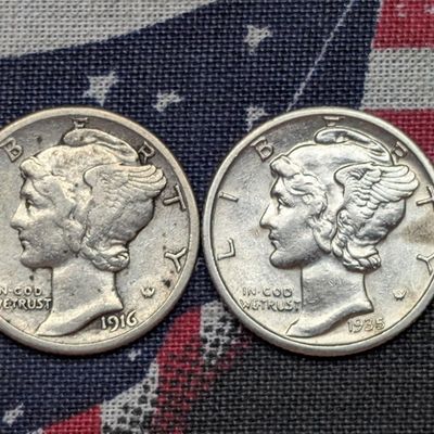 Sale Photo Thumbnail #411: XF - 1916-S Mercury 90% Silver Dime & AU/UNC - 1935-S Mercury 90% Silver Dime