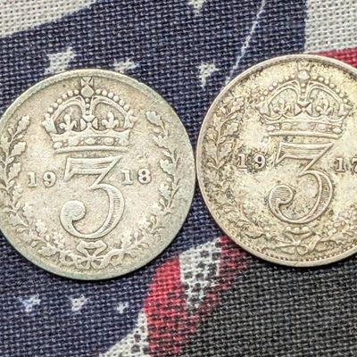 Sale Photo Thumbnail #14: 1917 & 1918 United Kingdom George V 3-Pence, .925 Silver
