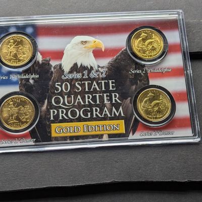 Sale Photo Thumbnail #85: Gold (LAYERED) P&D Mint 2000 Massachusetts Statehood & 2019 Lowell ATB National Park Quarter 4-Coin Collection in Protective Plastic Case