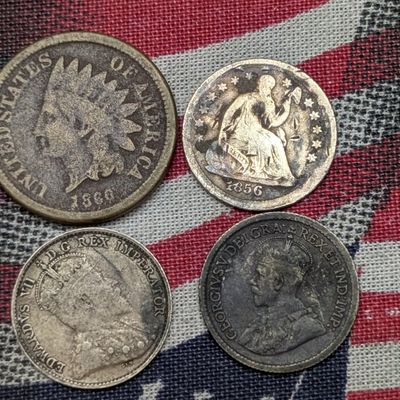 Sale Photo Thumbnail #417: 1909 92.5% Silver Canada 5 Cents, 1920 80% Silver Canada 5 Cents, 1856 Seated Liberty Half Dime, & 1860 Indian Head Cent