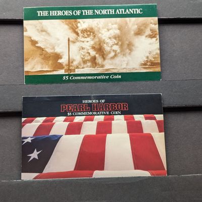 Sale Photo Thumbnail #103: 1993 Marshall Islands $5 Heroes of The North Atlantic & 1991 Marshall Islands $5 Heroes of Pearl Harbor - Both in Info Displays w/ COA
