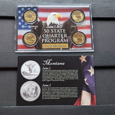 Sale Photo Thumbnail #143: Gold (LAYERED) P&D Mint 2007 Montana Statehood & 2011 Glacier ATB Park Quarter 4-Coin Collection in Protective Plastic Case w/ COA