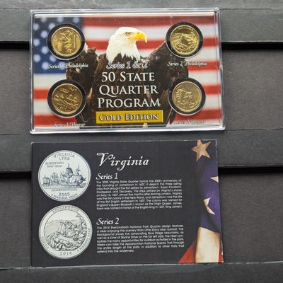 Sale Photo Thumbnail #208: Gold (LAYERED) P&D Mint 2000 Virginia Statehood & 2014 Shenandoah ATB Park Quarter 4-Coin Collection in Protective Plastic Case w/ COA