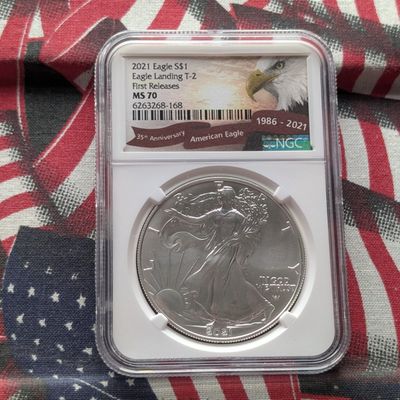 Sale Photo Thumbnail #353: 2021 Eagle Landing Eagle T-2 American Silver Eagle 1 Troy Oz. .999 Silver - NGC MS70 First Release - 35th Anniv., Top Pop