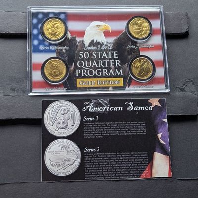 Sale Photo Thumbnail #93: Gold (LAYERED) P&D Mint 2009 American Samoa U.S. Territory & 2020 American Samoa National Historic Quarter 4-Coin Collection in Protective Plastic Case w/ COA