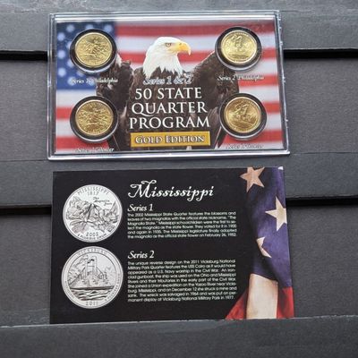 Sale Photo Thumbnail #147: Gold (LAYERED) P&D Mint 2002 Mississippi Statehood & 2011 Vicksburg ATB Park Quarter 4-Coin Collection in Protective Plastic Case w/ COA