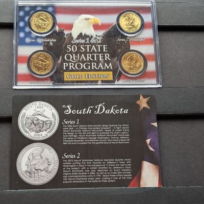 Sale Photo Thumbnail #170: Gold (LAYERED) P&D Mint 2006 South Dakota Statehood & 2013 Mount Rushmore ATB Park Quarter 4-Coin Collection in Protective Plastic Case w/ COA