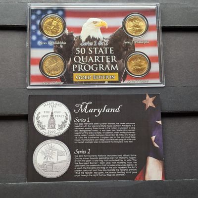 Sale Photo Thumbnail #153: Gold (LAYERED) P&D Mint 2000 Maryland Statehood & 2013 Fort McHenry ATB Park Quarter 4-Coin Collection in Protective Plastic Case w/ COA