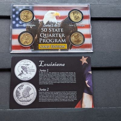 Sale Photo Thumbnail #164: Gold (LAYERED) P&D Mint 2002 Louisiana Statehood & 2015 Kisatchie ATB Park Quarter 4-Coin Collection in Protective Plastic Case w/ COA