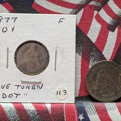 Sale Photo Thumbnail #34: 1843 Seated Liberty Quarter and 1877 Seated Liberty Dime Love Token, 90% Silver