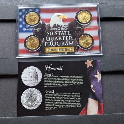 Sale Photo Thumbnail #111: Gold (LAYERED) P&D Mint 2008 Hawaii Statehood & 2012 Hawaii Volcanoes ATB Park Quarter 4-Coin Collection in Protective Plastic Case w/ COA