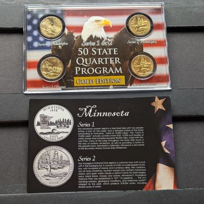 Sale Photo Thumbnail #149: Gold (LAYERED) P&D Mint 2005 Minnesota Statehood & 2018 Voyageurs ATB Park Quarter 4-Coin Collection in Protective Plastic Case w/ COA