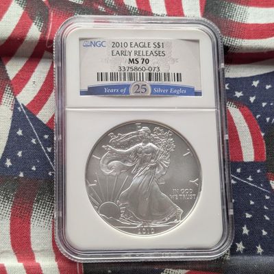 Sale Photo Thumbnail #307: 2010 American Silver Eagle 1 Troy Oz. .999 Silver - NGC MS70 Early Release - 25th Anniv., Top Pop