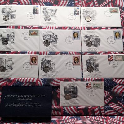 Sale Photo Thumbnail #340: (10) New U.S. Nickel Designs 2004-2006  P&D Mint in First Day Covers w/ Commem Stamps in Storage Box w/ COA