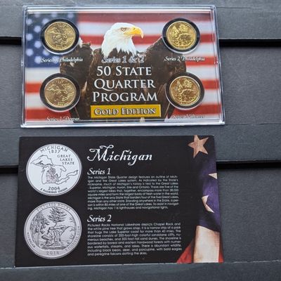 Sale Photo Thumbnail #151: Gold (LAYERED) P&D Mint 2004 Michigan Statehood & 2018 Pictured Rocks ATB Park Quarter 4-Coin Collection in Protective Plastic Case w/ COA