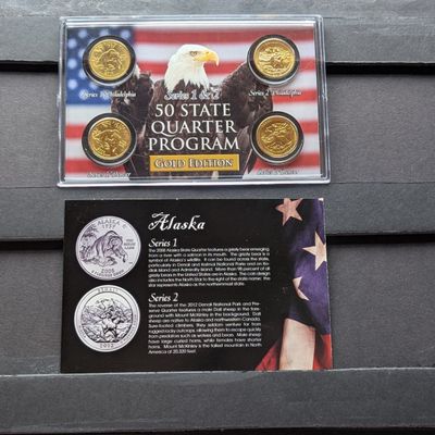 Sale Photo Thumbnail #105: Gold (LAYERED) P&D Mint 2008 Alaska Statehood & 2012 Denali ATB Park Quarter 4-Coin Collection in Protective Plastic Case w/ COA