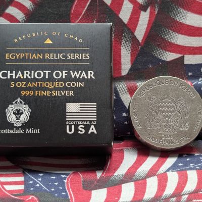Sale Photo Thumbnail #297: 5 Troy Ounce .999 FINE SILVER 2020 Republic of Chad 3000 Francs CFA Chariot of War Coin in Display Box