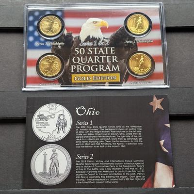 Sale Photo Thumbnail #184: Gold (LAYERED) P&D Mint 2002 Ohio Statehood & 2013 Perry's Victory ATB Park Quarter 4-Coin Collection in Protective Plastic Case w/ COA