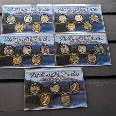 Sale Photo Thumbnail #367: Gold (LAYERED), UNC, PROOF, P&D&S Mint 2010 ATB National Park Quarters 5-Coin Sets in Protective Plastic Case (5 Different Parks = 25 Coins Total)