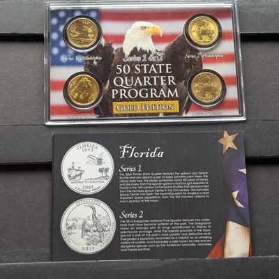Sale Photo Thumbnail #127: Gold (LAYERED) P&D Mint 2004 Florida Statehood & 2014 Everglades ATB Park Quarter 4-Coin Collection in Protective Plastic Case w/ COA
