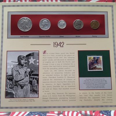 Sale Photo Thumbnail #423: 1942 Year U.S. Coin Set in Info Display w/ Commem Stamp - Includes (3) 90% Silver Coins & (1) 35% Silver Jefferson Nickel