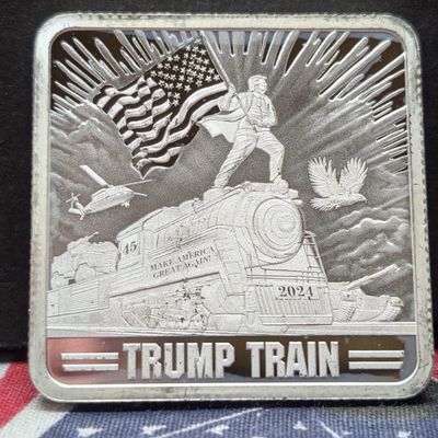 Sale Photo Thumbnail #392: 1 oz. .999 FINE SILVER Trump Train Designed Art Bar