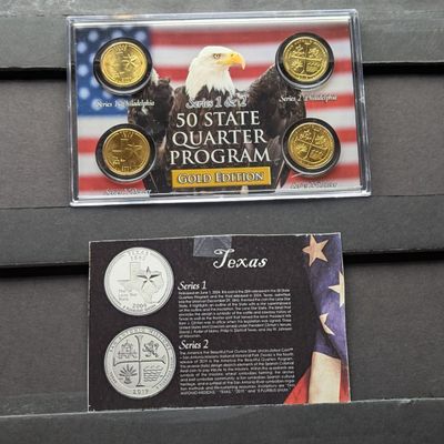 Sale Photo Thumbnail #212: Gold (LAYERED) P&D Mint 2004 Texas Statehood & 2019 San Antonio Missions ATB Park Quarter 4-Coin Collection in Protective Plastic Case w/ COA - State Quarters Are Both P Mint