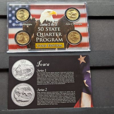 Sale Photo Thumbnail #162: Gold (LAYERED) P&D Mint 2004 Iowa Statehood & 2017 Effigy Mounds ATB Park Quarter 4-Coin Collection in Protective Plastic Case w/ COA