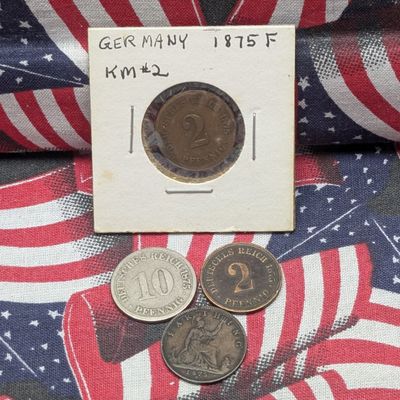 Sale Photo Thumbnail #128: 1875-H United Kingdom Farthing and Germany 1875-F 2 Pfennig Bronze & 1875-E 10 Pfennig Cupro-Nickel