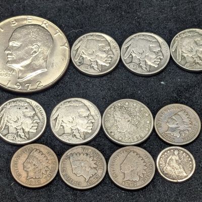 Sale Photo Thumbnail #362: (5) 1920s & 30s Indian Head Buffalo Nickels, (4) 1880s Indian Head Cents, 1883 Liberty Head V Nickel, 1857 Seated Liberty Half Dime, & 1972-D Eisenhower Dollar