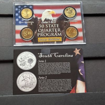 Sale Photo Thumbnail #174: Gold (LAYERED) P&D Mint 2000 South Carolina Statehood & 2016 Fort Moultrie ATB Park Quarter 4-Coin Collection in Protective Plastic Case w/ COA