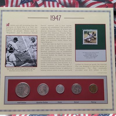 Sale Photo Thumbnail #428: 1947 Year U.S. Coin Set in Info Display w/ Commem Stamp - Includes (3) 90% Silver Coins