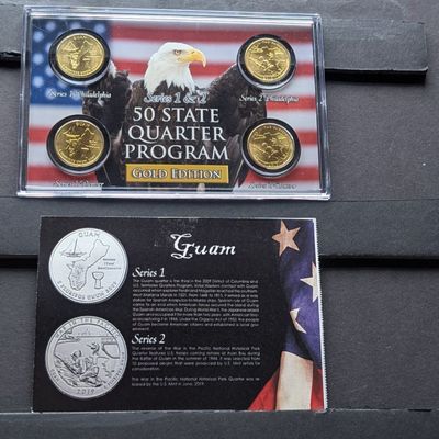 Sale Photo Thumbnail #214: Gold (LAYERED) P&D Mint 2009 Guam U.S. Territory & 2019 War in The Pacific National Historic Quarter 4-Coin Collection in Protective Plastic Case w/ COA