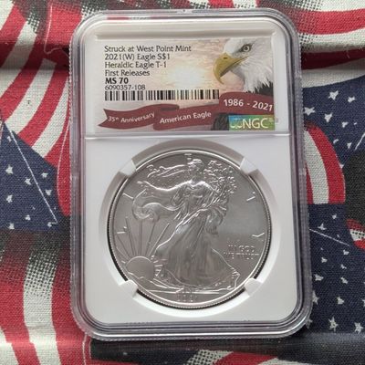 Sale Photo Thumbnail #386: 2021-(W) Heraldic Eagle T-1 American Silver Eagle 1 Troy Oz. .999 Silver - NGC MS70 First Release - 35th Anniv.