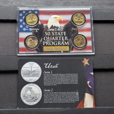 Sale Photo Thumbnail #210: Gold (LAYERED) P&D Mint 2007 Utah Statehood & 2014 Arches ATB Park Quarter 4-Coin Collection in Protective Plastic Case w/ COA
