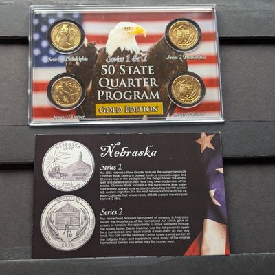 Sale Photo Thumbnail #141: Gold (LAYERED) P&D Mint 2006 Nebraska Statehood & 2015 Homestead ATB Park Quarter 4-Coin Collection in Protective Plastic Case w/ COA