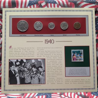 Sale Photo Thumbnail #421: 1940 Year U.S. Coin Set in Info Display w/ Commem Stamp - Includes (3) 90% Silver Coins