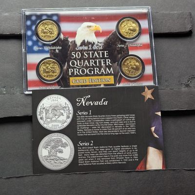 Sale Photo Thumbnail #99: Gold (LAYERED) P&D Mint 2006 Nevada Statehood & 2013 Great Basin ATB Park Quarter 4-Coin Collection in Protective Plastic Case w/ COA, NO BOX