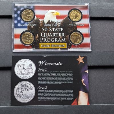 Sale Photo Thumbnail #204: Gold (LAYERED) P&D Mint 2004 Wisconsin Statehood & 2018 Apostle Islands ATB Park Quarter 4-Coin Collection in Protective Plastic Case w/ COA