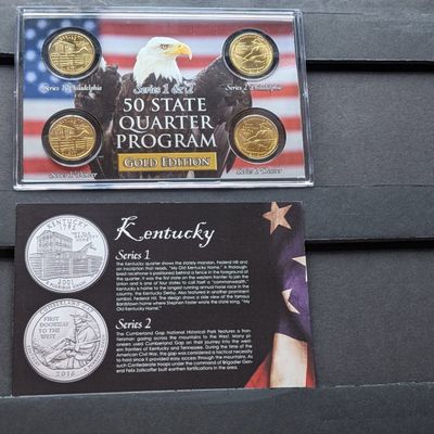 Sale Photo Thumbnail #161: Gold (LAYERED) P&D Mint 2001 Kentucky Statehood & 2016 Cumberland Gap ATB Park Quarter 4-Coin Collection in Protective Plastic Case w/ COA