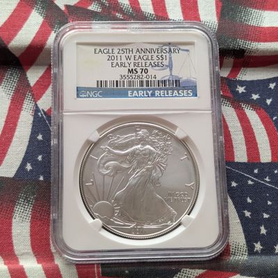 Sale Photo Thumbnail #412: 2011-W American Silver Eagle 1 Troy Oz. .999 Silver - NGC MS70 Early Release - 25th Anniv., Top Pop