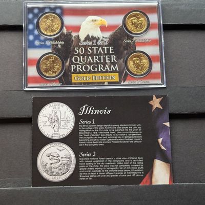 Sale Photo Thumbnail #123: Gold (LAYERED) P&D Mint 2003 Illinois Statehood & 2016 Shawnee ATB Park Quarter 4-Coin Collection in Protective Plastic Case w/ COA