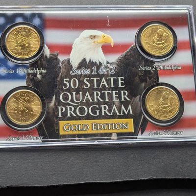 Sale Photo Thumbnail #79: Gold (LAYERED) P&D Mint 2001 Vermont Statehood & 2020 Marsh-Billings-Rockefeller ATB National Park Quarter 4-Coin Collection in Protective Plastic Case