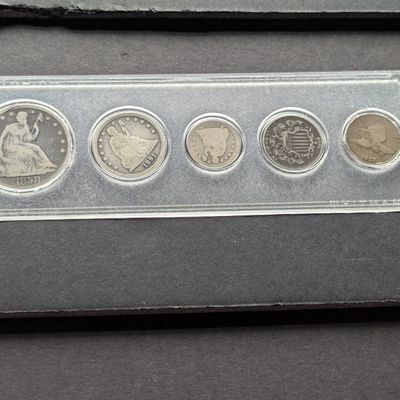 Sale Photo Thumbnail #218: 1858 Seated Liberty 90% Silver Half Dollar, 1891 Seated Liberty 90% Silver Quarter, 1853 Seated Liberty 90% Silver Dime With Arrows, 1882 Shield Nickel, 1857 Flying Eagle - In Whitman Style Case