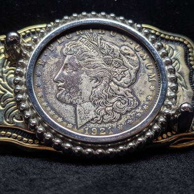 Sale Photo Thumbnail #438: 1921 Morgan 90% Silver Dollar Set in a Nice Belt Buckle