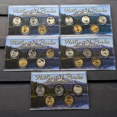 Sale Photo Thumbnail #371: Gold (LAYERED), UNC, PROOF, P&D&S Mint 2014 ATB National Park Quarters 5-Coin Sets in Protective Plastic Case (5 Different Parks = 25 Coins Total)